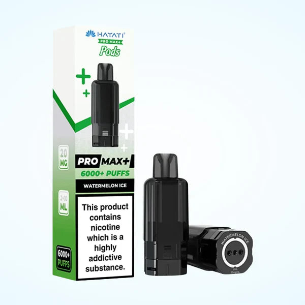 Hayati Pro Max+ vape pod packaging with black vape pod on a white background