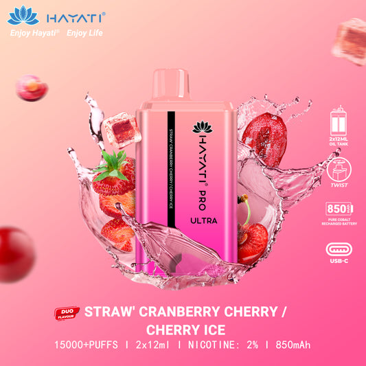 Straw' Cranberry Cherry / Cherry Ice flavour Hayati Pro Ultra 15000 Pod Device