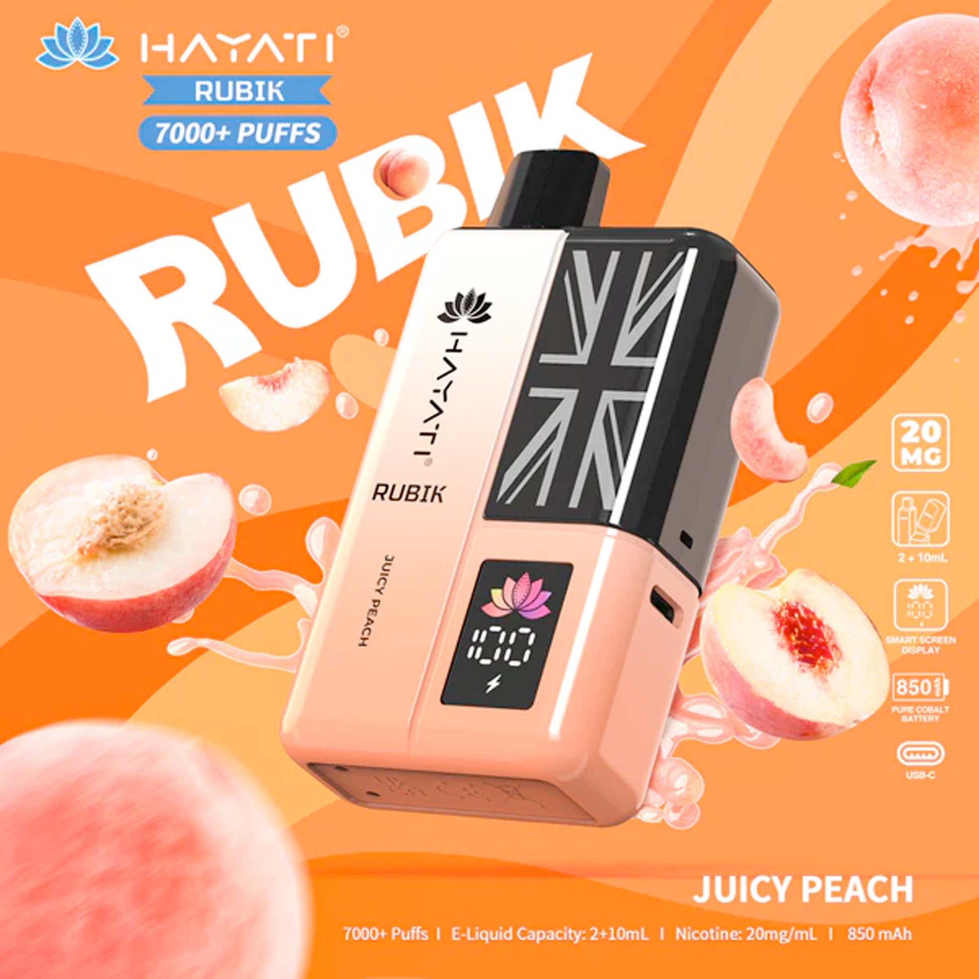 Juicy Peach flavoured Hayati Rubik 7000 Plus Puffs