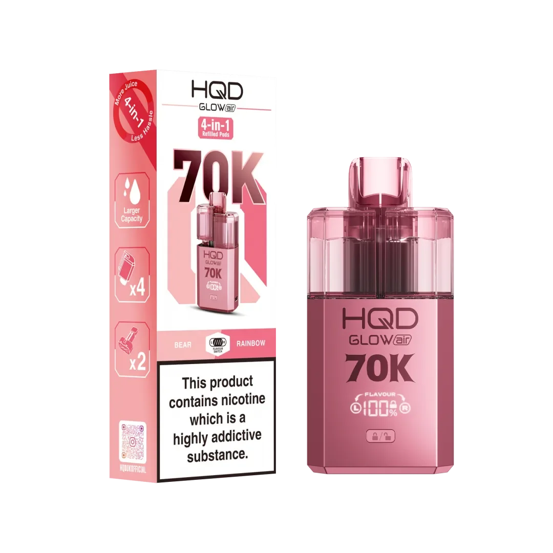 Bear and Rainbow flavoured HQD Glow Air 70K Prefilled Pod Kit in Pink Colour