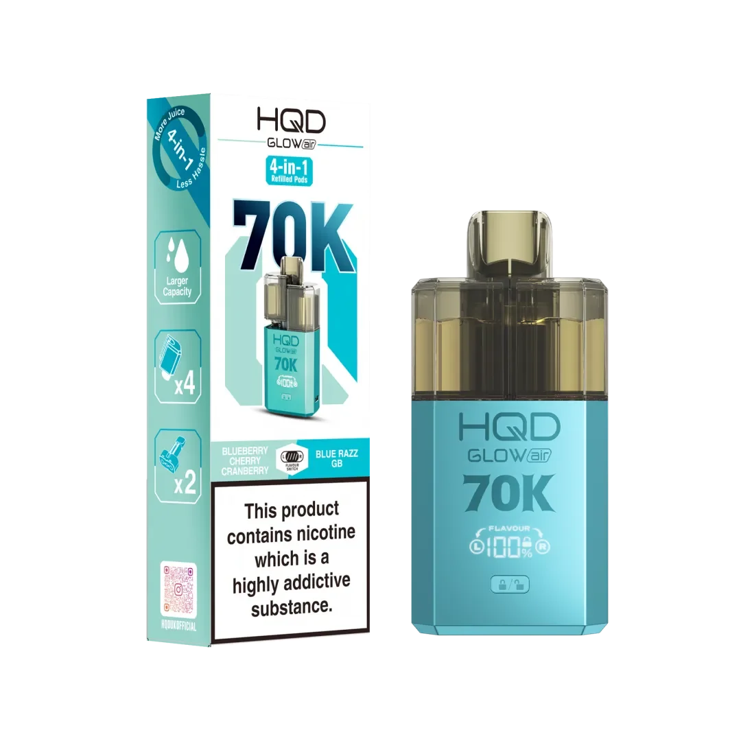 Blueberry Cherry Cranberry and Blue Razz GB flavoured HQD Glow Air 70K Prefilled Pod Kit in Blue Colour
