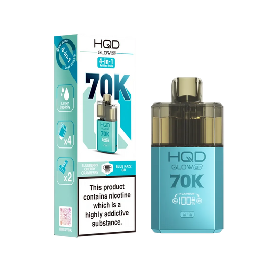 Blueberry Cherry Cranberry and Blue Razz GB flavoured HQD Glow Air 70K Prefilled Pod Kit in Blue Colour
