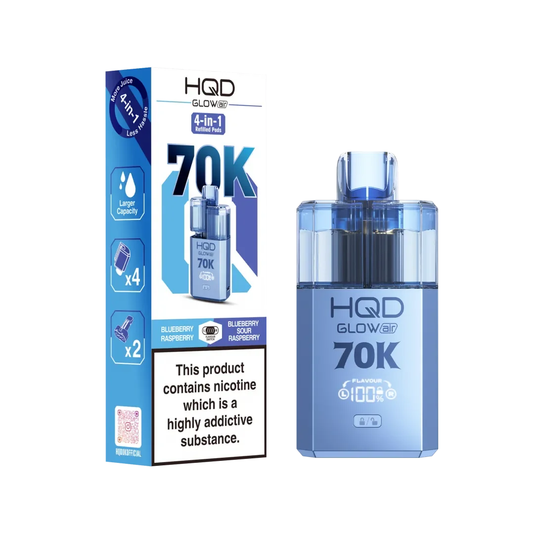 Blueberry Raspberry and Blue Sour Raspberry flavoured HQD Glow Air 70K Prefilled Pod Kit in Blue Colour