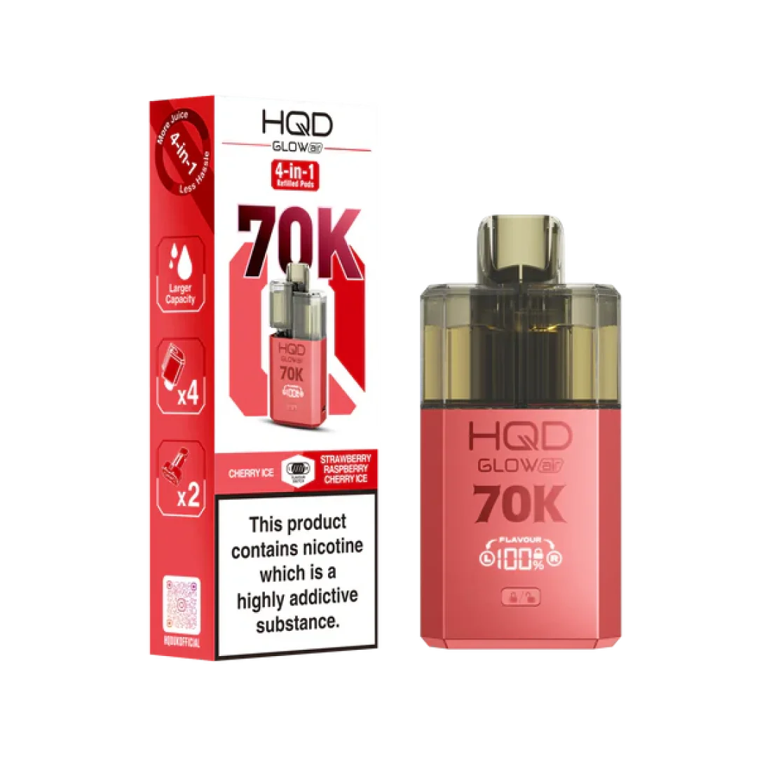 Cherry Ice and Strawberry Raspberry Cherry Ice flavoured HQD Glow Air 70K Prefilled Pod Kit in Red Colour