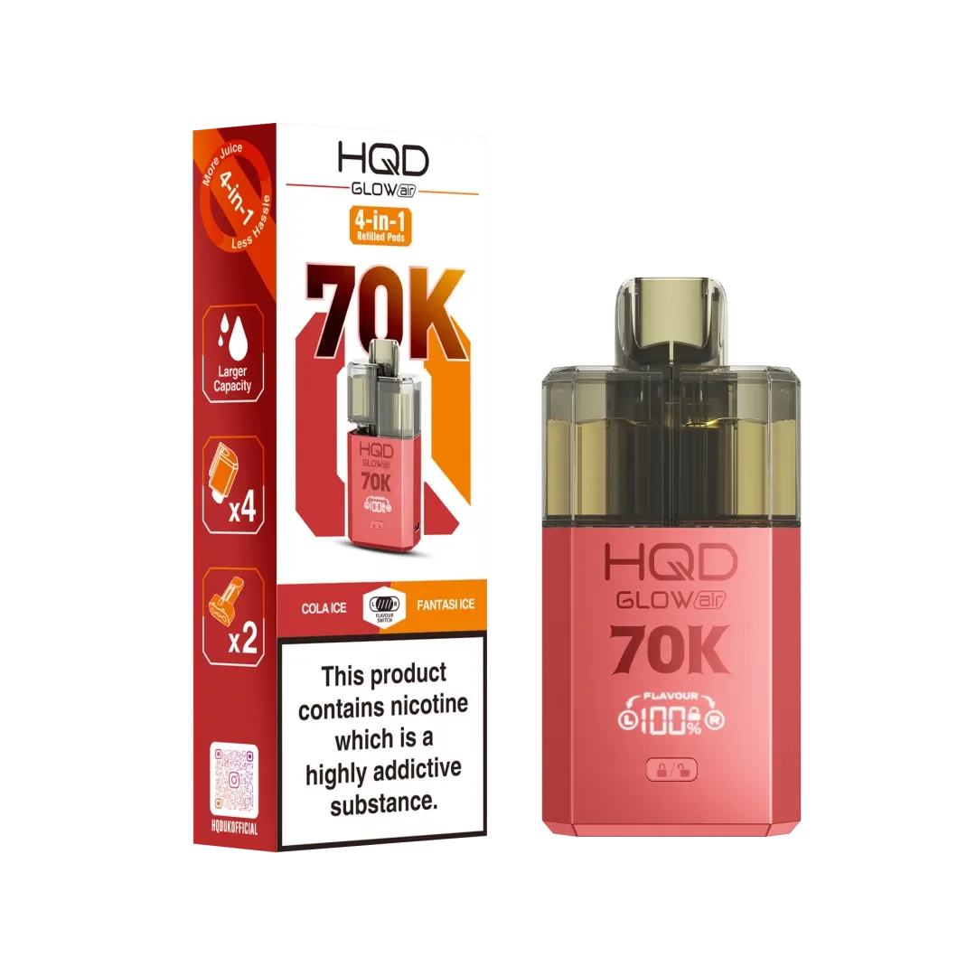Cola Ice and Fantasy Ice flavoured HQD Glow Air 70K Prefilled Pod Kit in Red Colour