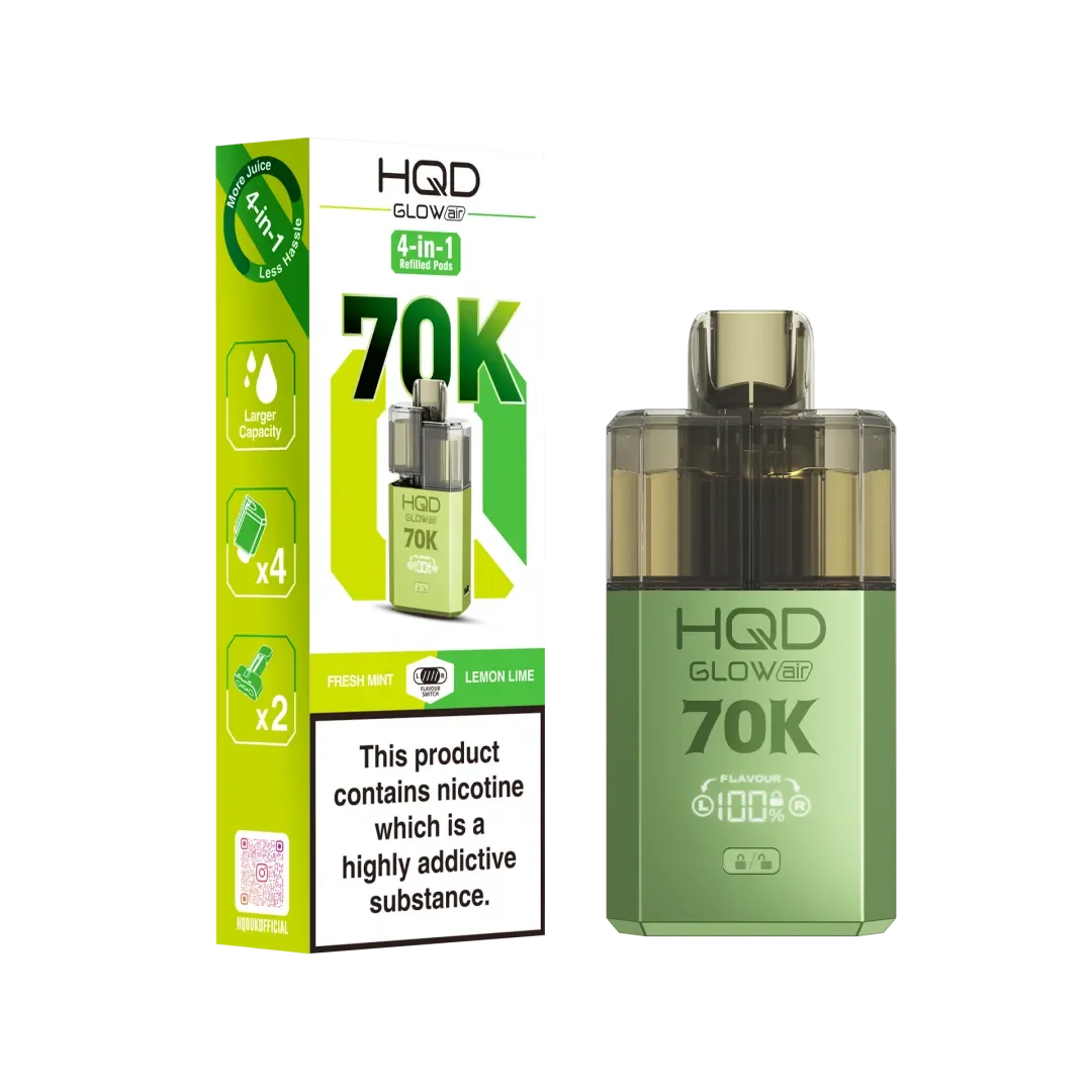 Fresh Mint and Lemon Lime flavoured HQD Glow Air 70K Prefilled Pod Kit in Green Colour