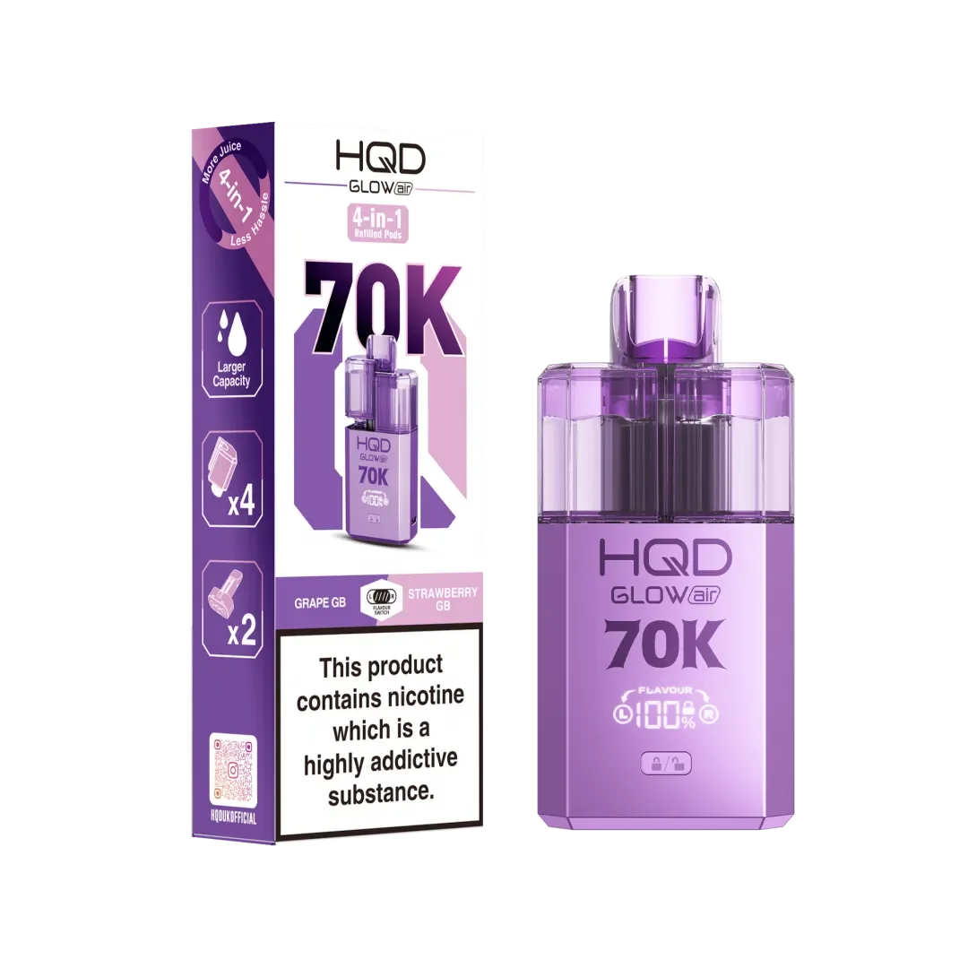 Grape GB and Strawberry GB flavoured HQD Glow Air 70K Prefilled Pod Kit in Purple Colour