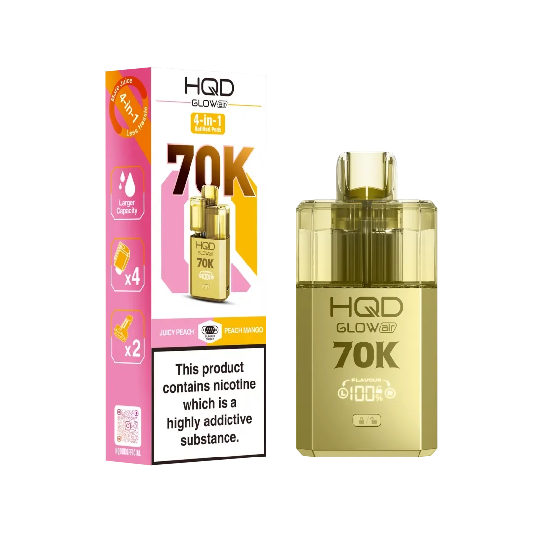 Juicy Peach and Peach Mango flavoured HQD Glow Air 70K Prefilled Pod Kit in Golden Colour