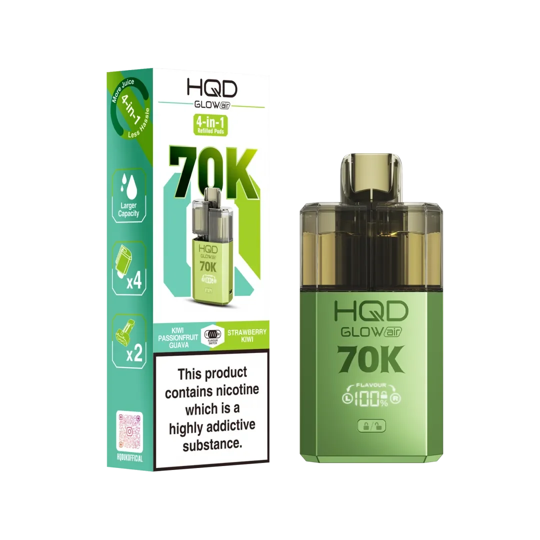 Kiwi Passion Fruit Guava and Strawberry Kiwi flavoured HQD Glow Air 70K Prefilled Pod Kit in Green Colour