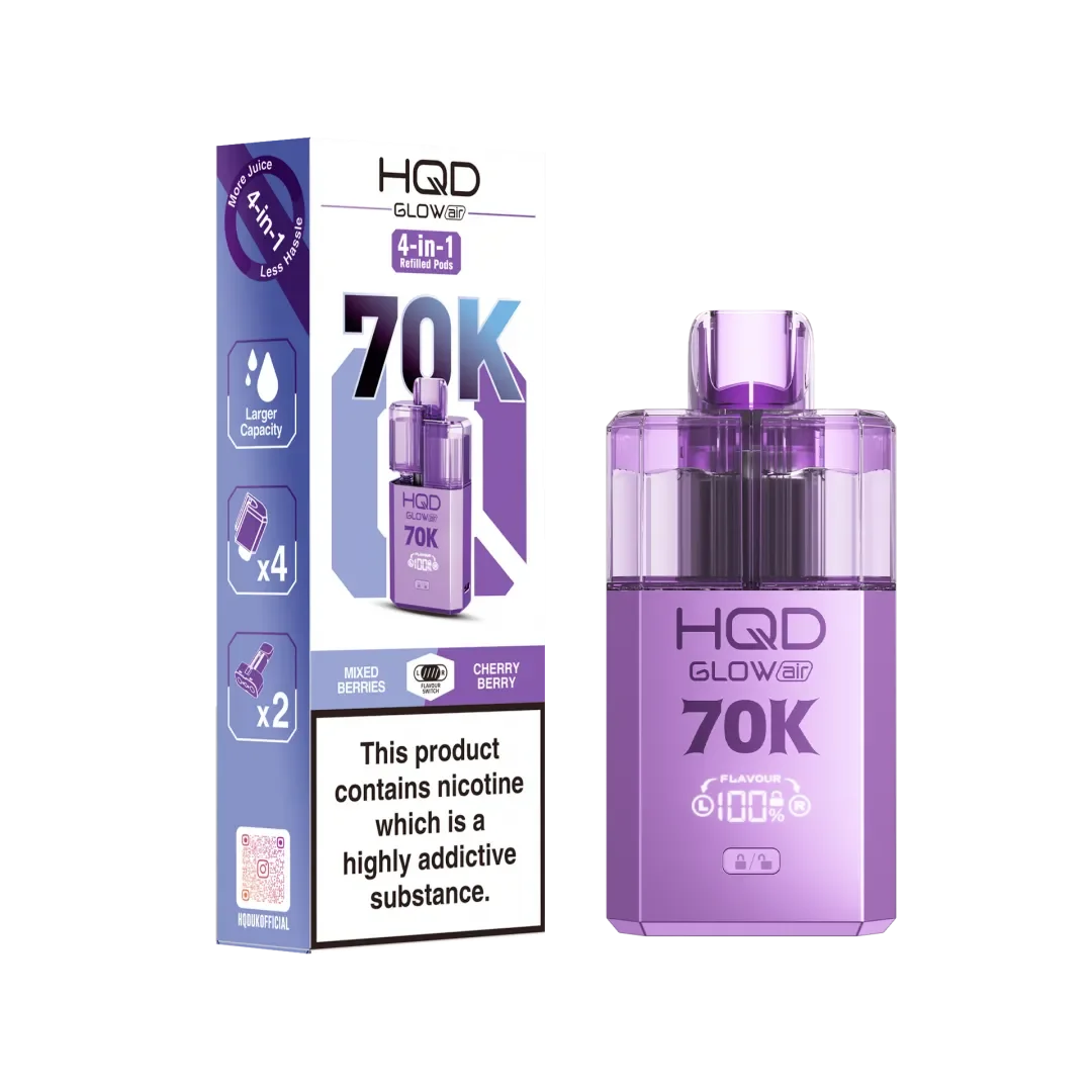 Mixed Berries and Cherry Berry flavoured HQD Glow Air 70K Prefilled Pod Kit in Light Purple Colour