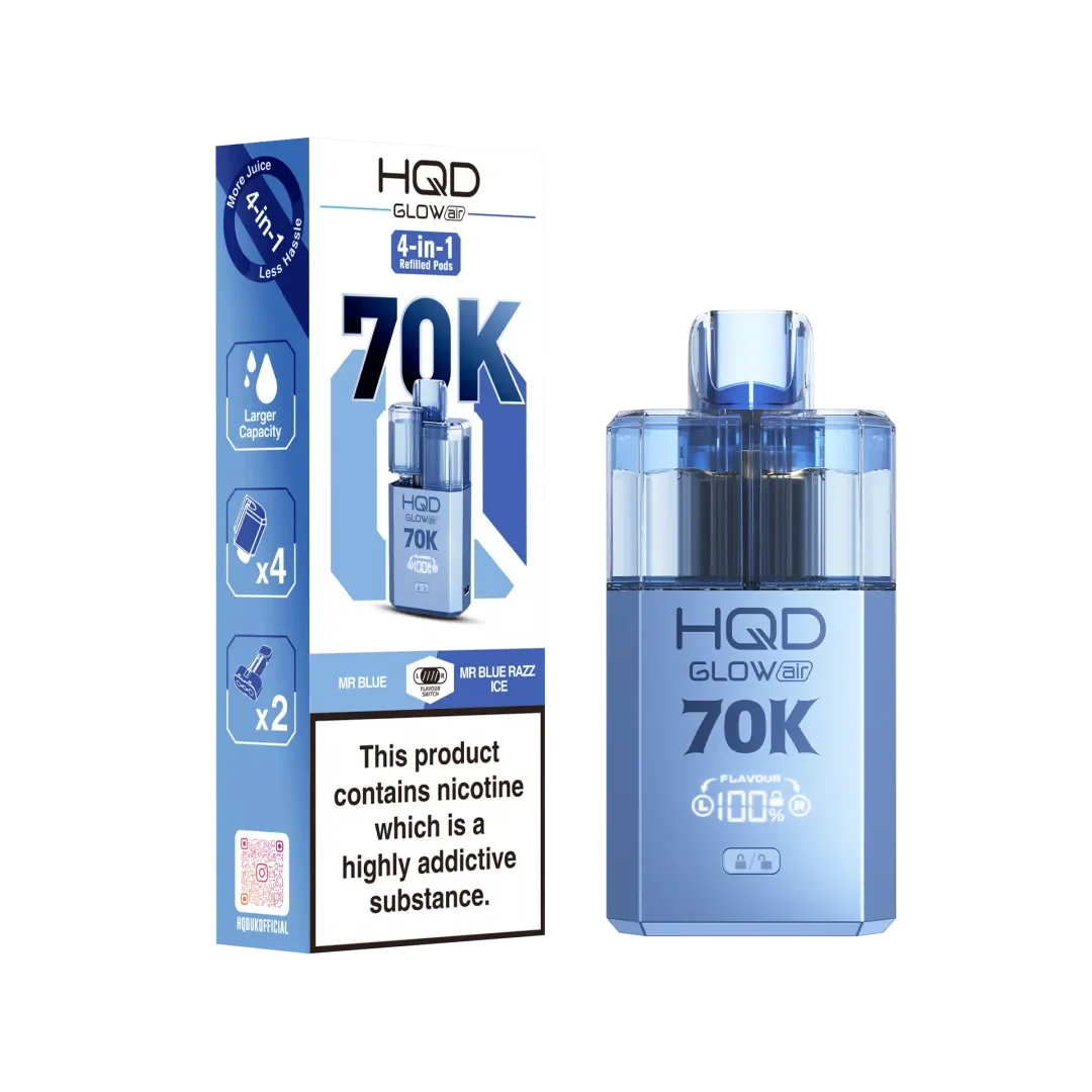 Mr Blue and Mr Blue Razz Ice flavoured HQD Glow Air 70K Prefilled Pod Kit in Light Blue Colour