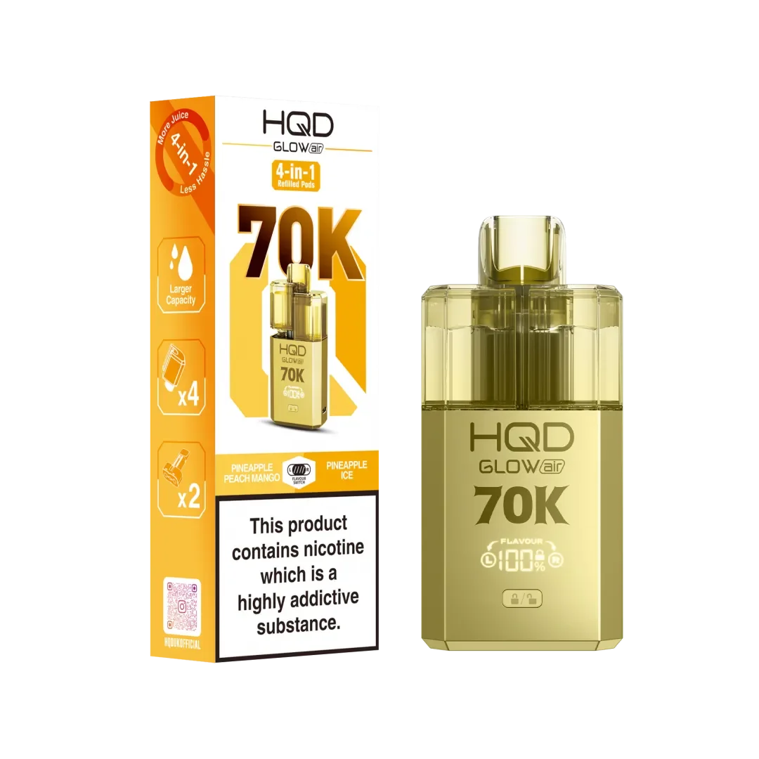 Pineapple Peach Mango and Pineapple Ice flavoured HQD Glow Air 70K Prefilled Pod Kit in Golden Colour