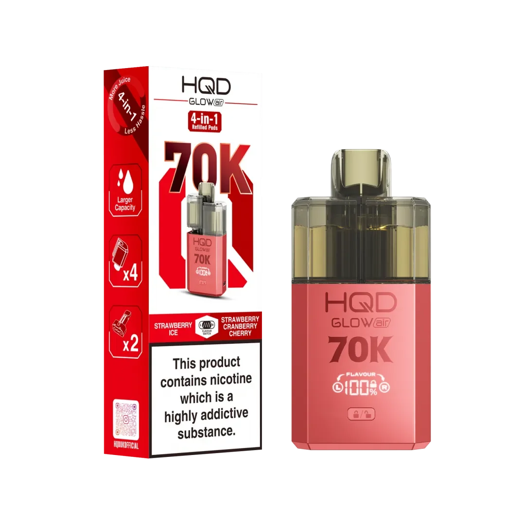 Strawberry Ice and Strawberry Cranberry Cherry flavoured HQD Glow Air 70K Prefilled Pod Kit in Red Colour