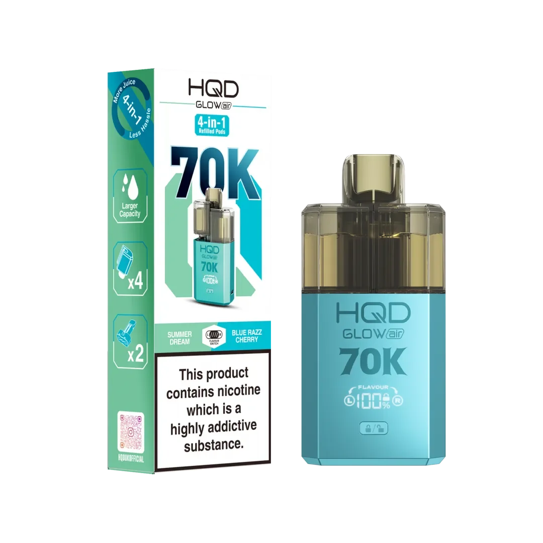Summer Dream and Blue Razz Cherry flavoured HQD Glow Air 70K Prefilled Pod Kit in Blue Colour