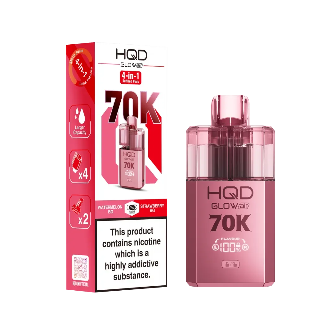 Watermelon GB and Strawberry GB flavoured HQD Glow Air 70K Prefilled Pod Kit in Light Red Colour