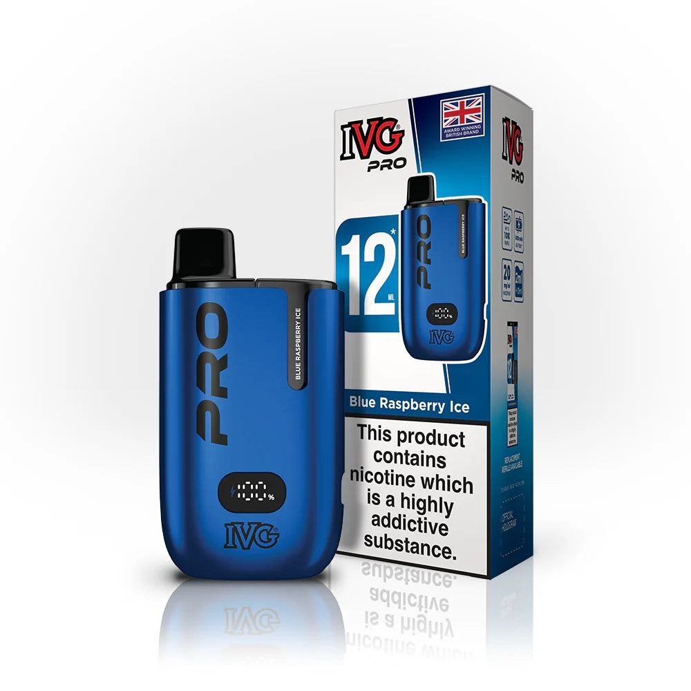 Blue Raspberry Ice flavoured IVG Pro 12 Prefilled Vape Kit in Dark Blue Colour