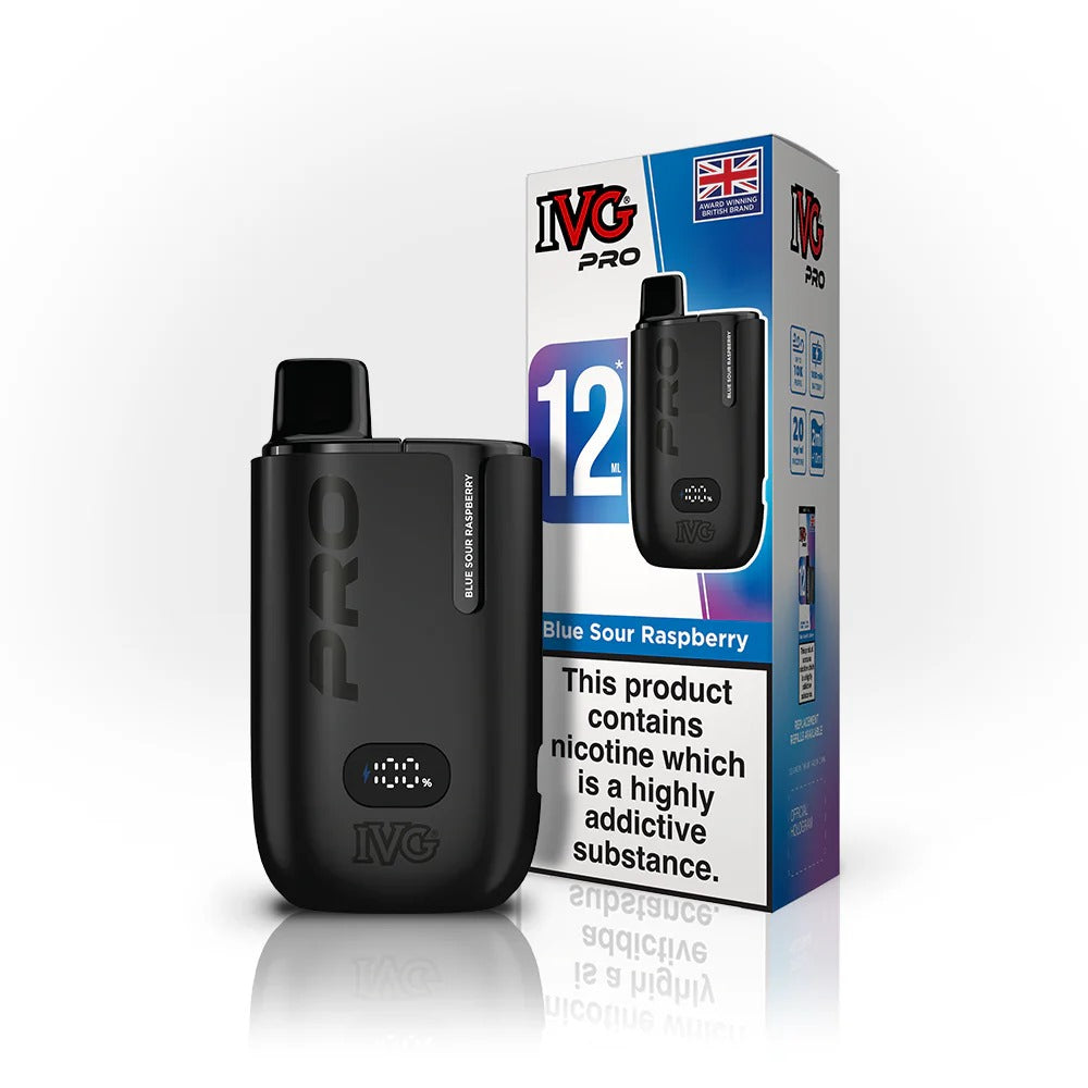 Blue Sour Raspberry flavoured IVG Pro 12 Prefilled Vape Kit in Black Colour