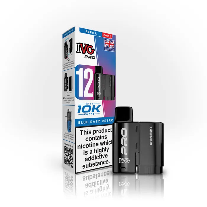 Blue Razz Retro flavoured IVG PRO Refill Pods in Blue and Purple Colour