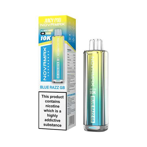 Blue Razz GB flavoured Juicy Pod Novamax 10K Prefilled Pod Kit in Yellowish Blue Colour