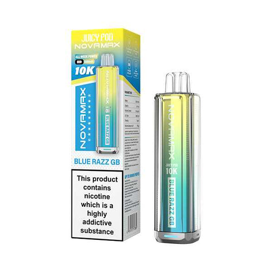 Blue Razz GB flavoured Juicy Pod Novamax 10K Prefilled Pod Kit in Yellowish Blue Colour