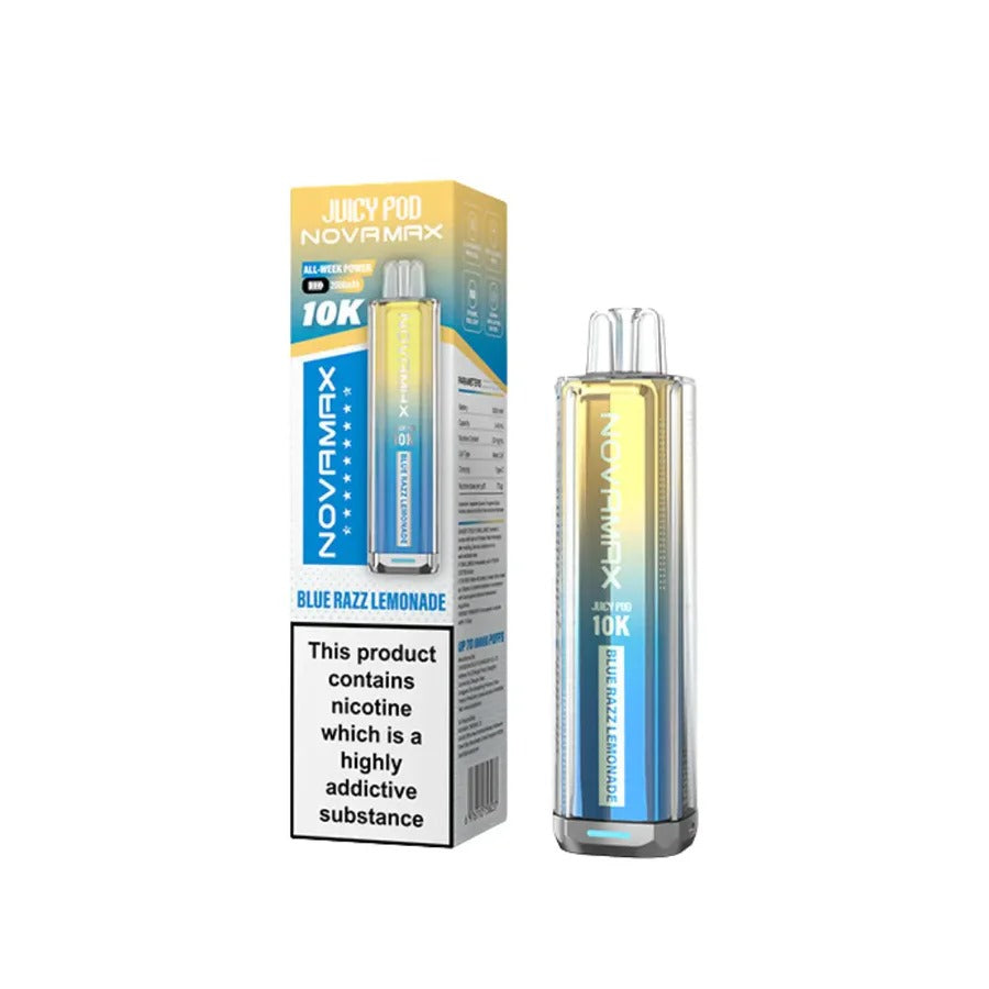 Blue Razz Lemonade flavoured Juicy Pod Novamax 10K Prefilled Pod Kit in Yellowish Blue Colour