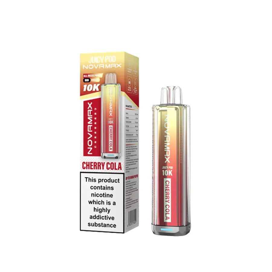 Cherry Cola flavoured Juicy Pod Novamax 10K Prefilled Pod Kit in Yellowish Red Colour