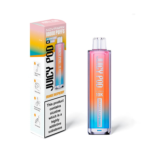 Orange Raspberry flavoured Juicy Pod Novamax 10K Prefilled Pod Kit in Pinkish Yellow Colour