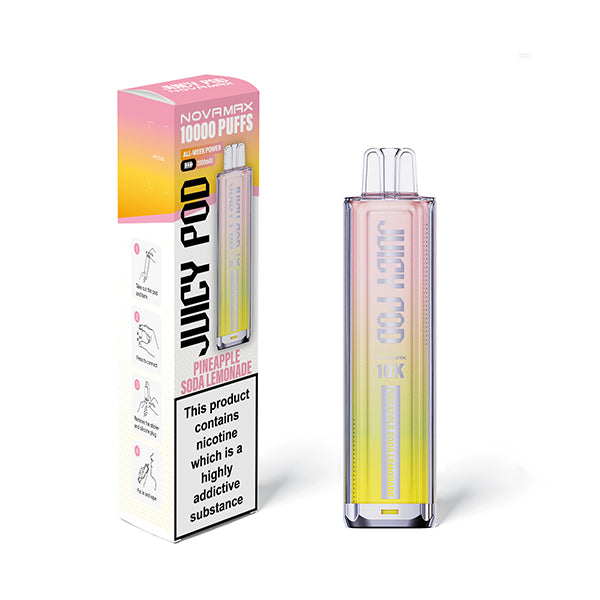 Pineapple Soda Lemonade flavoured Juicy Pod Novamax 10K Prefilled Pod Kit in Pinkish Yellow Colour