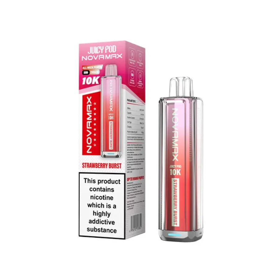 Strawberry Burst flavoured Juicy Pod Novamax 10K Prefilled Pod Kit in Pinkish Red Colour