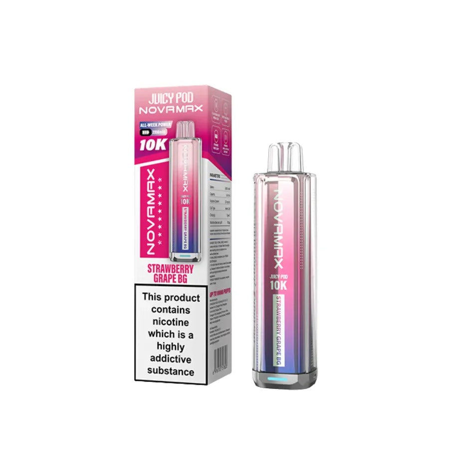 Strawberry Grape BG flavoured Juicy Pod Novamax 10K Prefilled Pod Kit in Pinkish Blue Colour