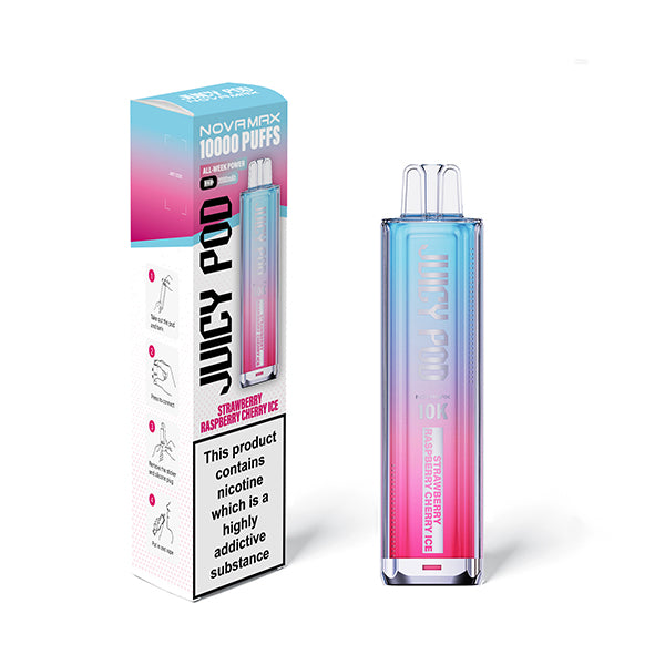 Strawberry Raspberry Cherry Ice flavoured Juicy Pod Novamax 10K Prefilled Pod Kit in Blue Pink Colour