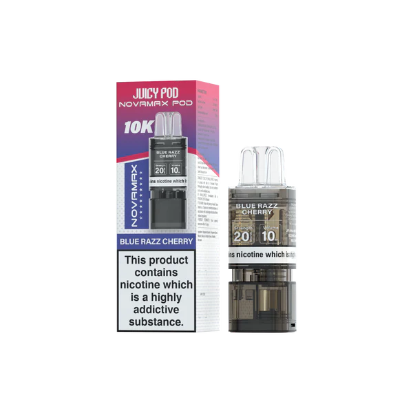 Blue Razz Cherry flavoured Juicy Pod Novamax 10K Replacement Pod in Reddish Blue Colour