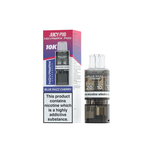 Blue Razz Cherry flavoured Juicy Pod Novamax 10K Replacement Pod in Reddish Blue Colour