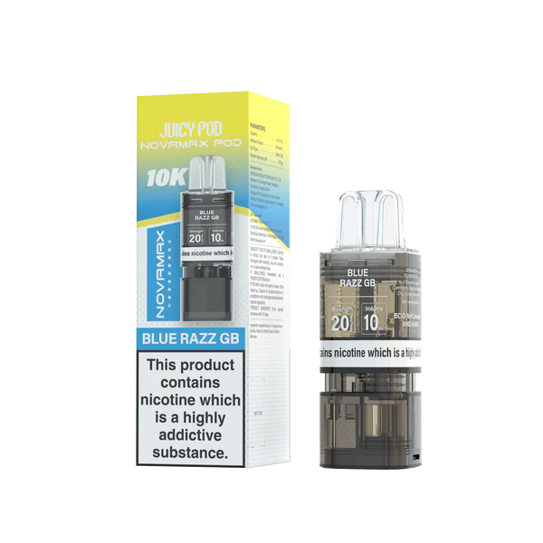 Blue Razz GB flavoured Juicy Pod Novamax 10K Replacement Pod in Yellowish Blue Colour