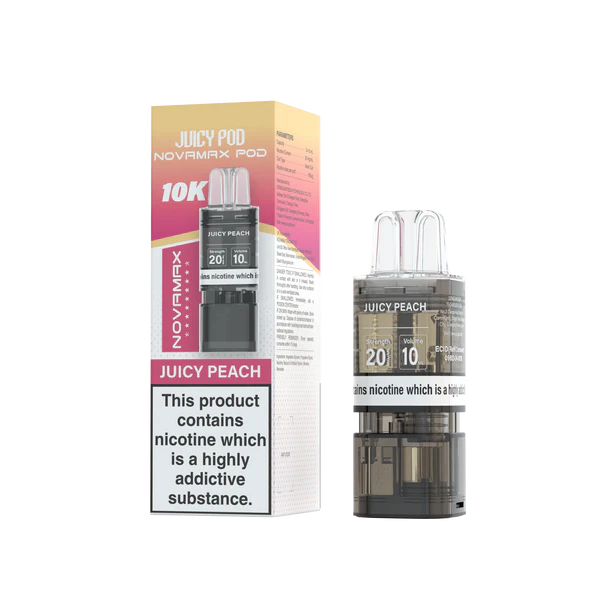 Juicy Peach flavoured Juicy Pod Novamax 10K Replacement Pod in Yellow Red Colour