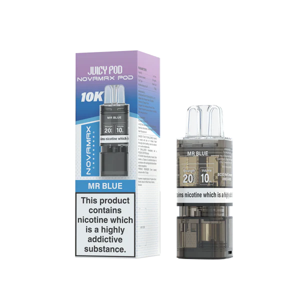 Mr Blue flavoured Juicy Pod Novamax 10K Replacement Pod in Pinkish Blue Colour