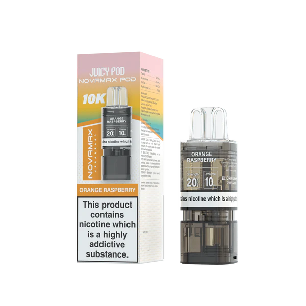 Orange Raspberry flavoured Juicy Pod Novamax 10K Replacement Pod in Pinkish Yellow Colour