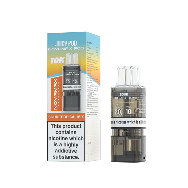 Sour Tropical Mix flavoured Juicy Pod Novamax 10K Replacement Pod in Blue Yellow Colour