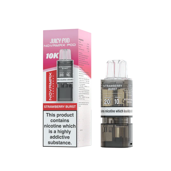 Strawberry Burst flavoured Juicy Pod Novamax 10K Replacement Pod in Pinkish Red Colour