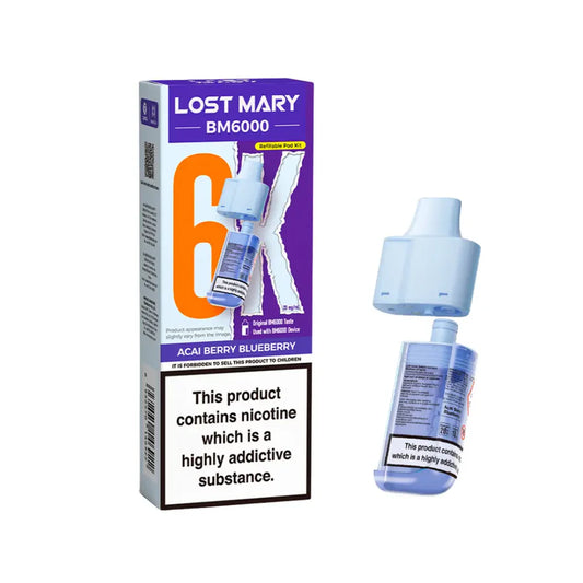 Acai Berry Blueberry flavoured Lost Mary BM6000 Refillable Pod in Blue Colour