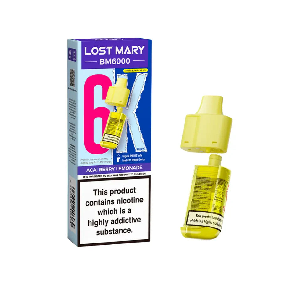 Acai Berry Lemonade flavoured Lost Mary BM6000 Refillable Pod in Yellow Colour