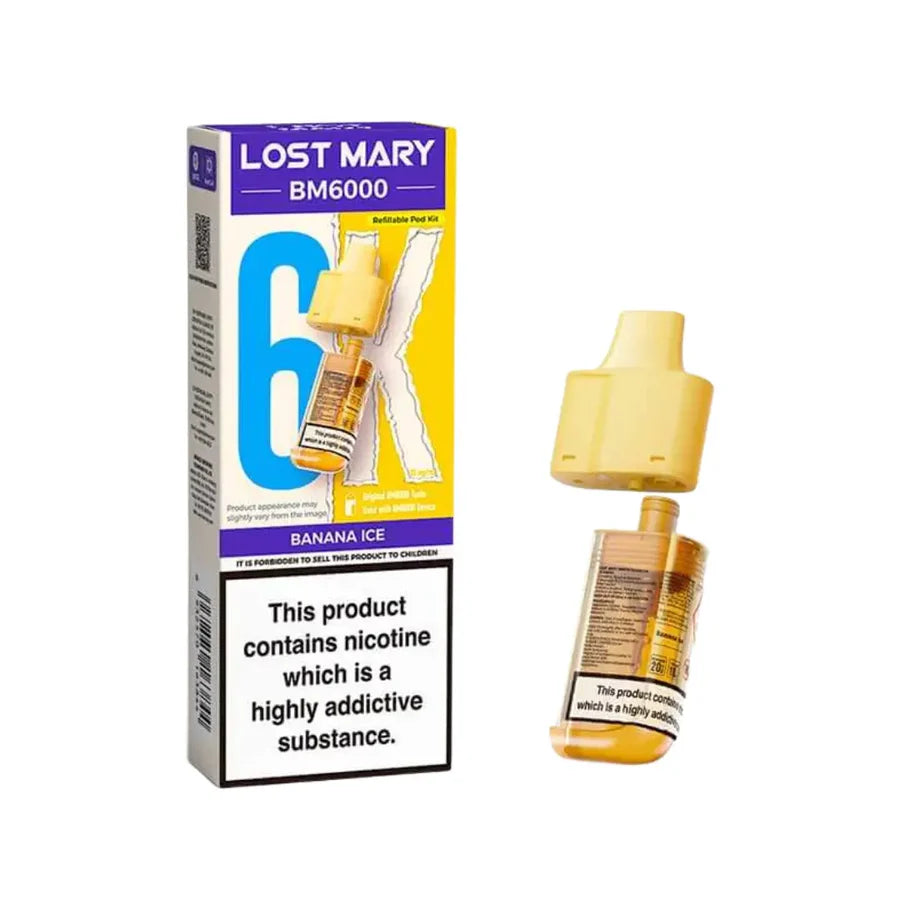 Banana Ice flavoured Lost Mary BM6000 Refillable Pod in Yellow Colour