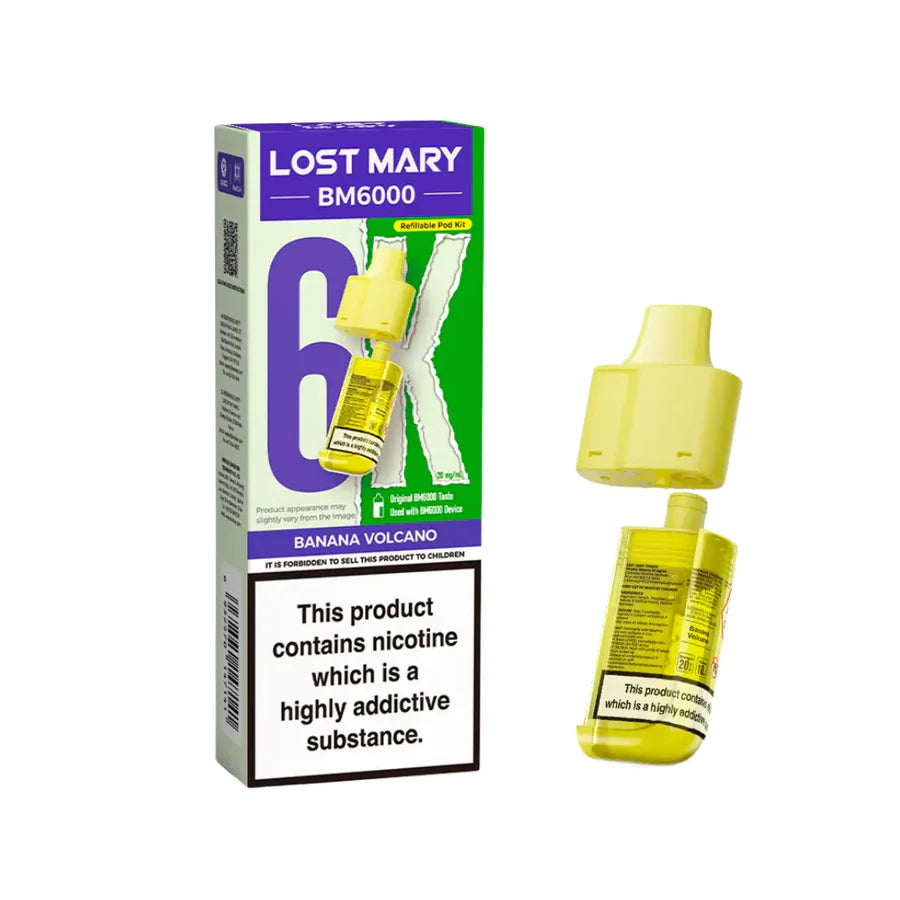 Banana Volcano flavoured Lost Mary BM6000 Refillable Pod in Yellow Colour