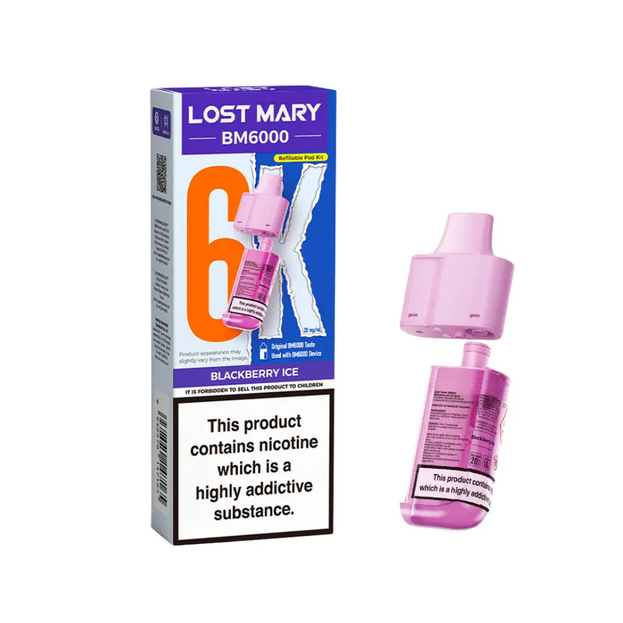 Blackberry Ice flavoured Lost Mary BM6000 Refillable Pod in Pink Colour