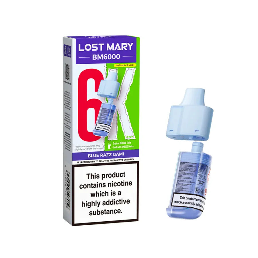 Blue Razz Gami flavoured Lost Mary BM6000 Refillable Pod in Blue Colour