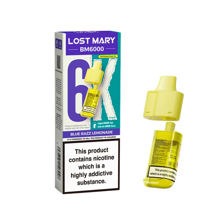 Blue Razz Lemonade flavoured Lost Mary BM6000 Refillable Pod in Yellow Colour