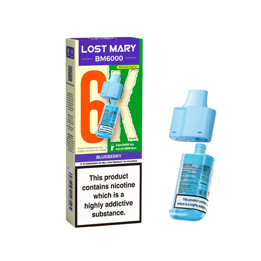 Blueberry flavoured Lost Mary BM6000 Refillable Pod in Blue Colour