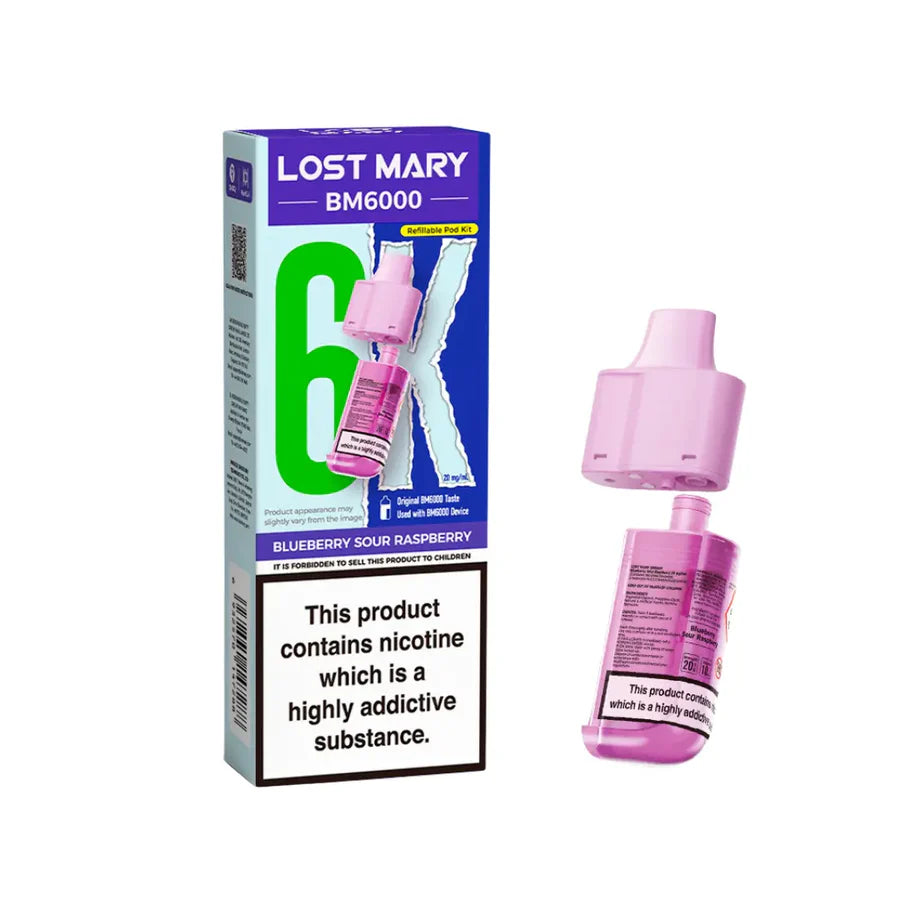 Blueberry Sour Raspberry flavoured Lost Mary BM6000 Refillable Pod in Pink Colour