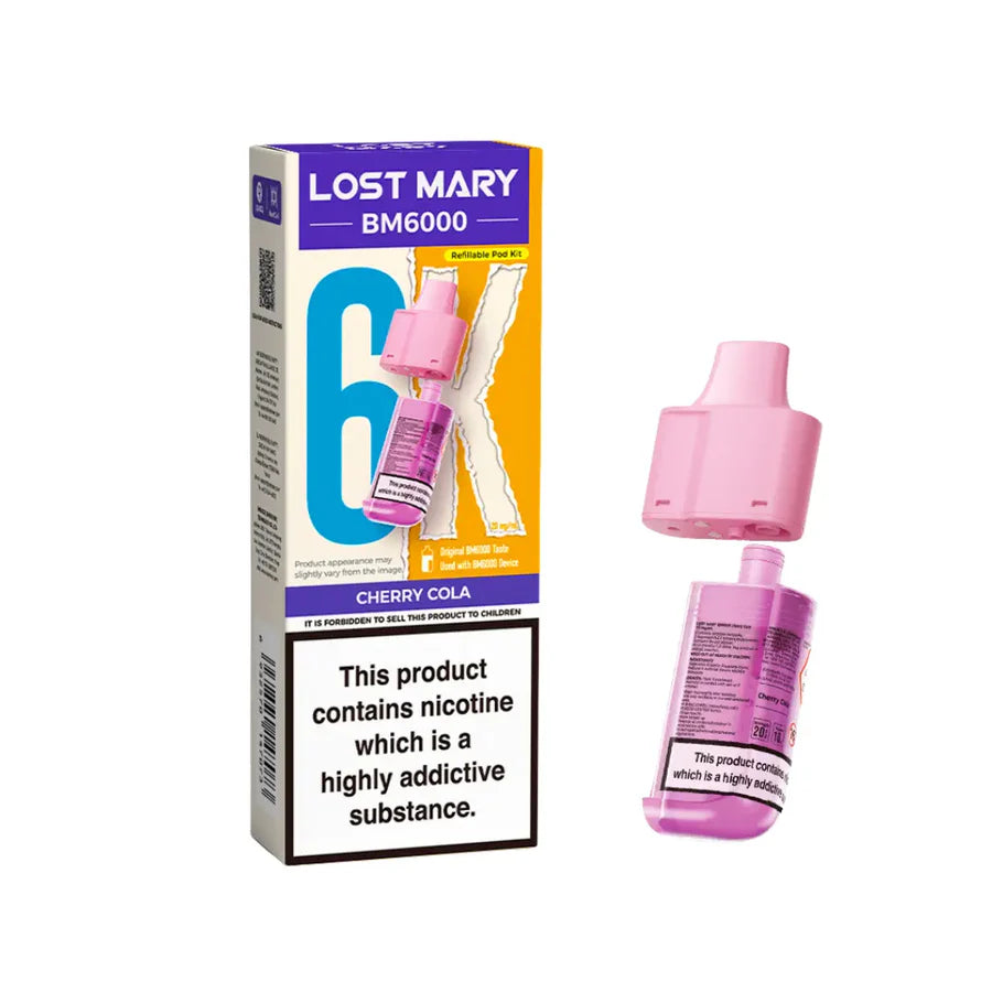 Cherry Cola flavoured Lost Mary BM6000 Refillable Pod in Pink Colour