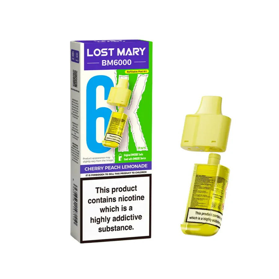 Cherry Peach Lemonade flavoured Lost Mary BM6000 Refillable Pod in Yellow Colour